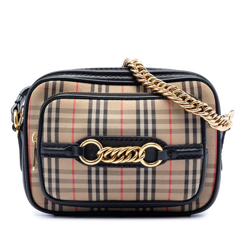 Burberry 1983 Knight Check Canvas and Calfskin Link Camera Bag Beige Very good condition - Front View