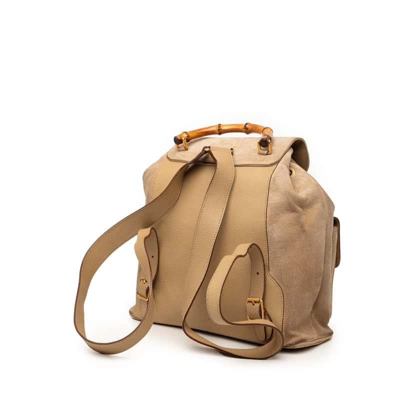 Gucci Suede Bamboo Drawstring Backpack Brown Leather Very good condition - Back View