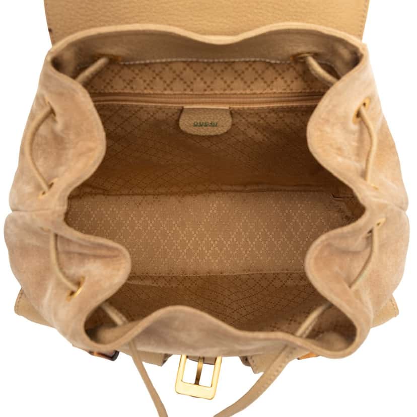 Gucci Suede Bamboo Drawstring Backpack Brown Leather Very good condition - Model View
