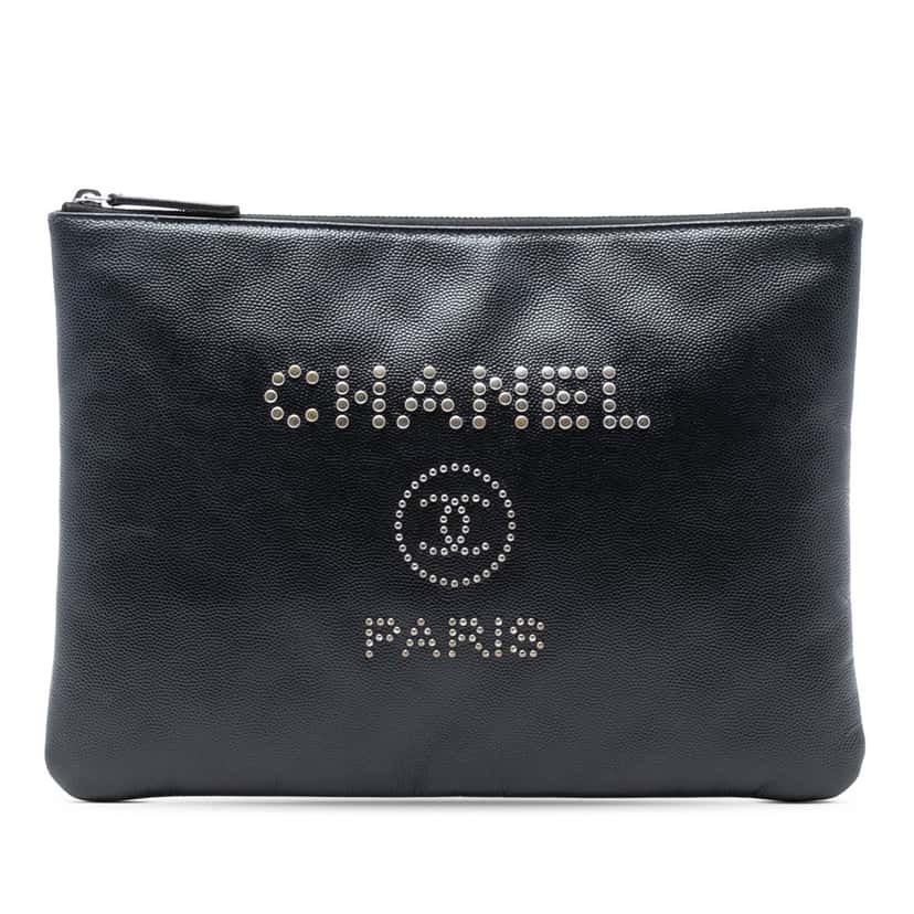 Chanel Medium Caviar Deauville Studded O Case Clutch Black Leather Very good condition - Front View