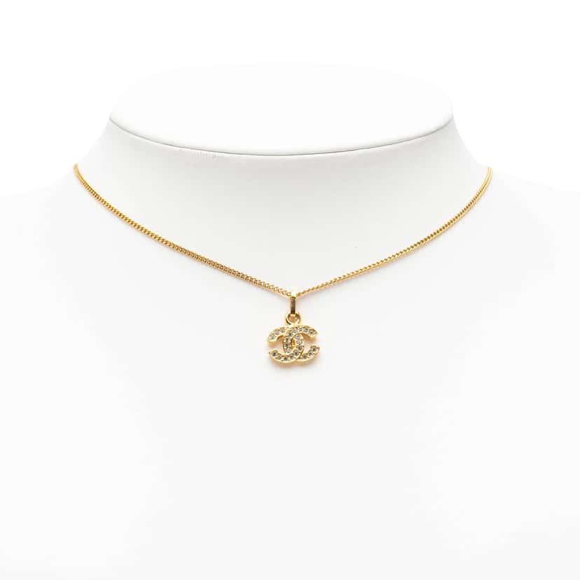 Chanel CC Gold Plated Rhinestones Pendant Necklace Gold Metal Very good condition - Box View