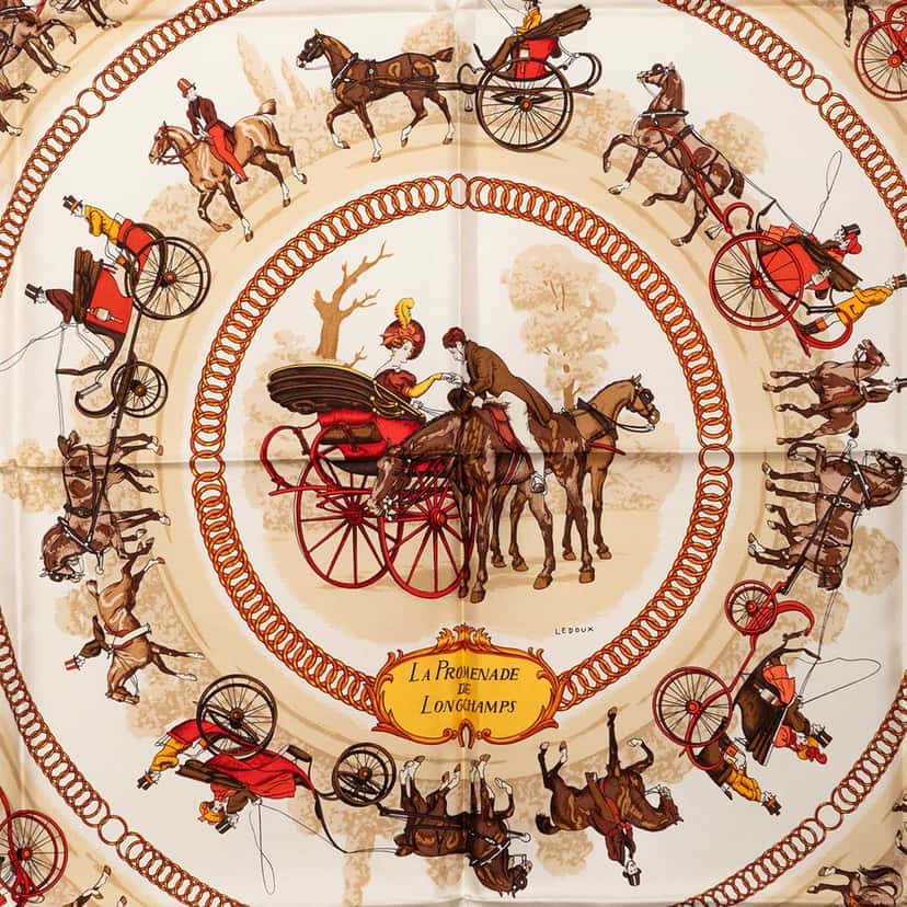 Hermès La Promenade De Longchamps Silk Scarf 90 Beige Very good condition - Back View