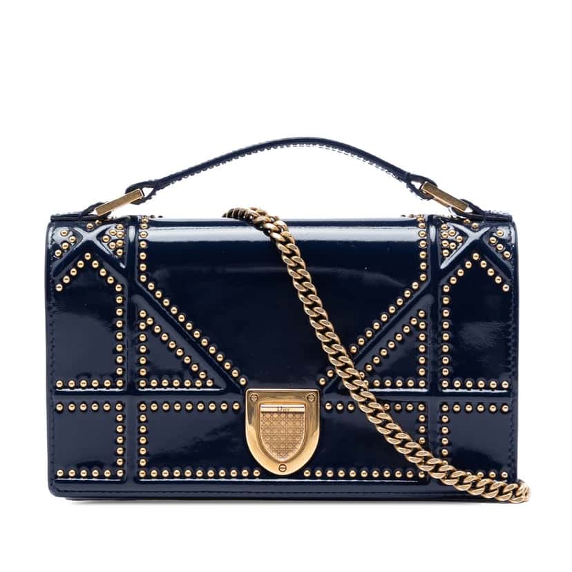 Dior Patent Studded Diorama Top Handle Wallet on Chain Blue Leather Very good condition - Front View