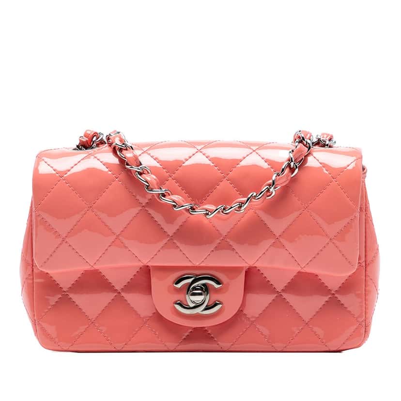 Chanel Mini Rectangular Classic Patent Single Flap Pink Leather Very good condition - Front View
