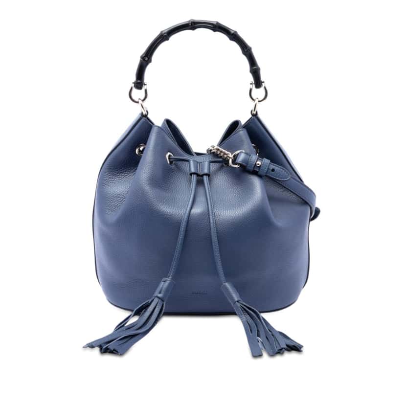 Gucci Pebbled Calfskin Miss Bamboo Tassel Bucket Bag Blue Leather Very good condition - Front View