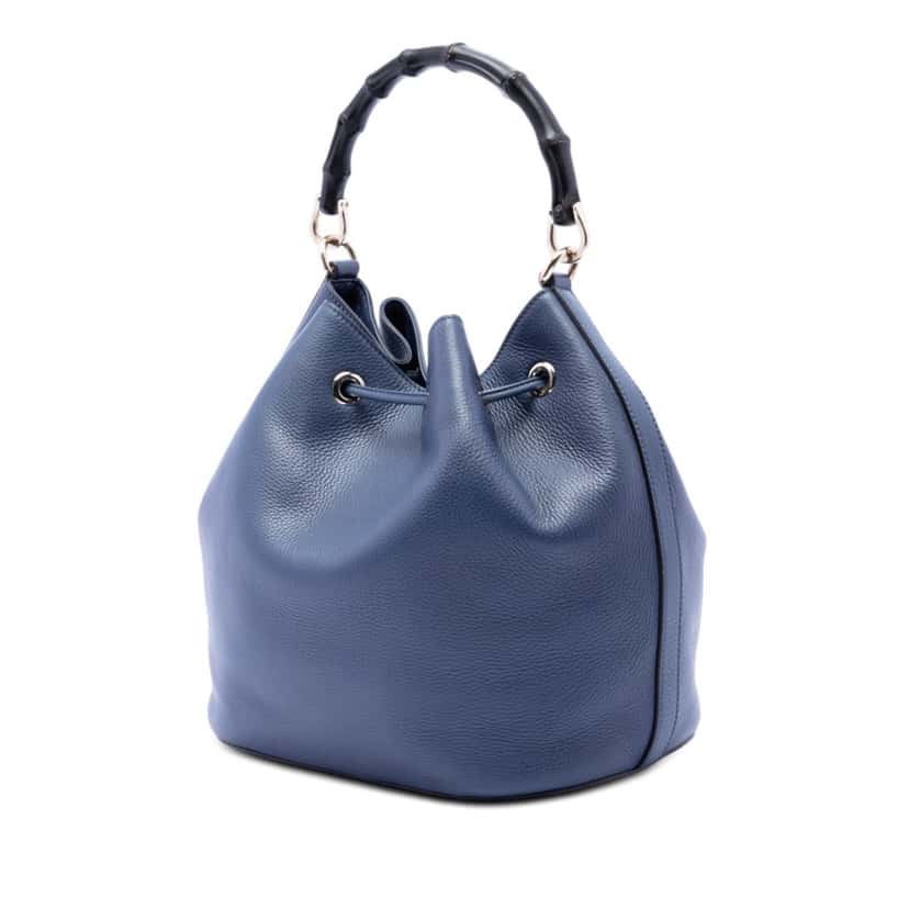 Gucci Pebbled Calfskin Miss Bamboo Tassel Bucket Bag Blue Leather Very good condition - Back View
