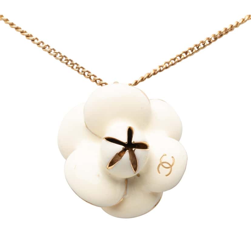 Chanel CC Enamel Camellia Pendant Necklace White Very good condition - Back View