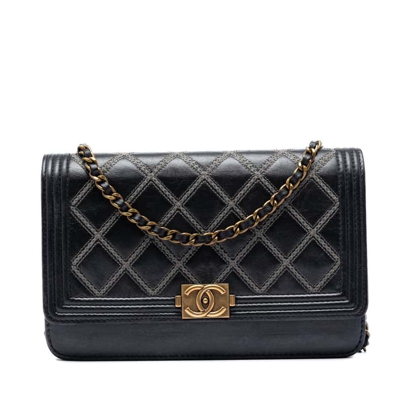 Chanel Quilted Lambskin Double Stitch Boy Wallet On Chain Black Leather Very good condition - Front View