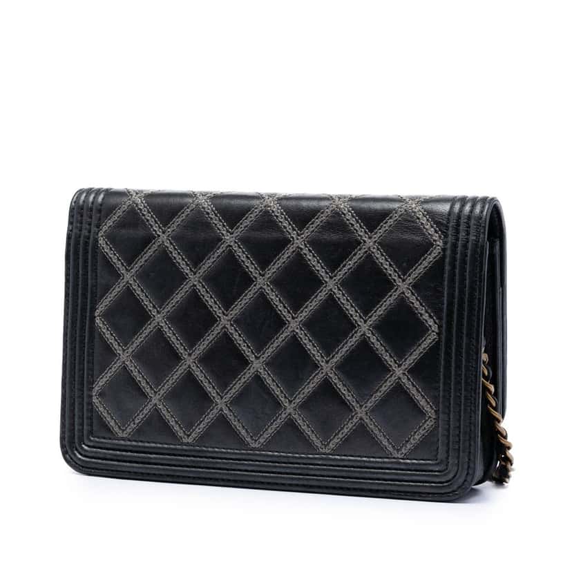 Chanel Quilted Lambskin Double Stitch Boy Wallet On Chain Black Leather Very good condition - Back View