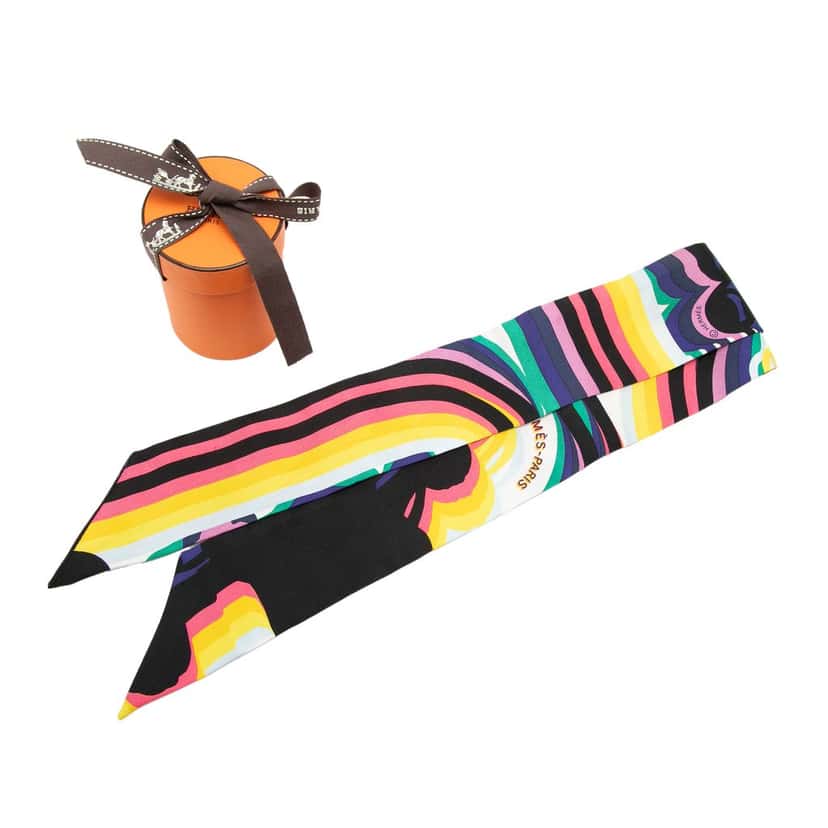 Hermès Brides De Gala Shadow Silk Twilly Scarf Black Very good condition - Box View