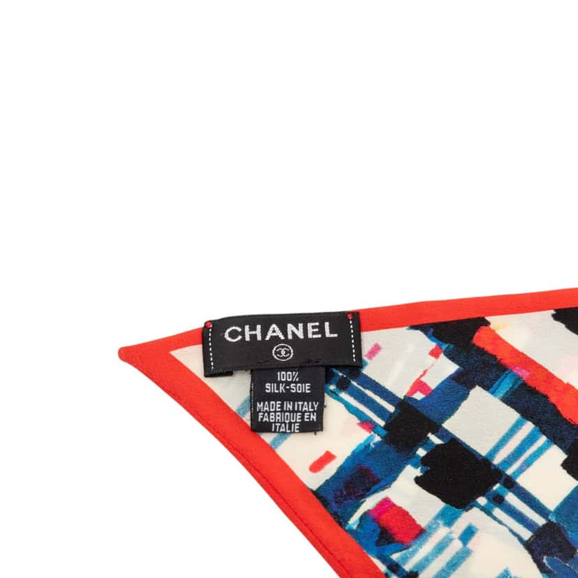 Chanel Plaid Printed Silk Twilly Scarf White Very good condition - Box View