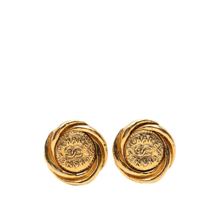 Chanel CC Gold Plated Round Clip On Earrings Gold Metal Very good condition - Front View