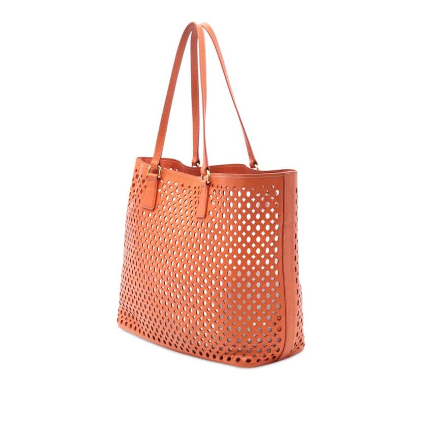 Prada Perforated Saffiano Fori Shopping Tote Orange Leather Very good condition - Back View
