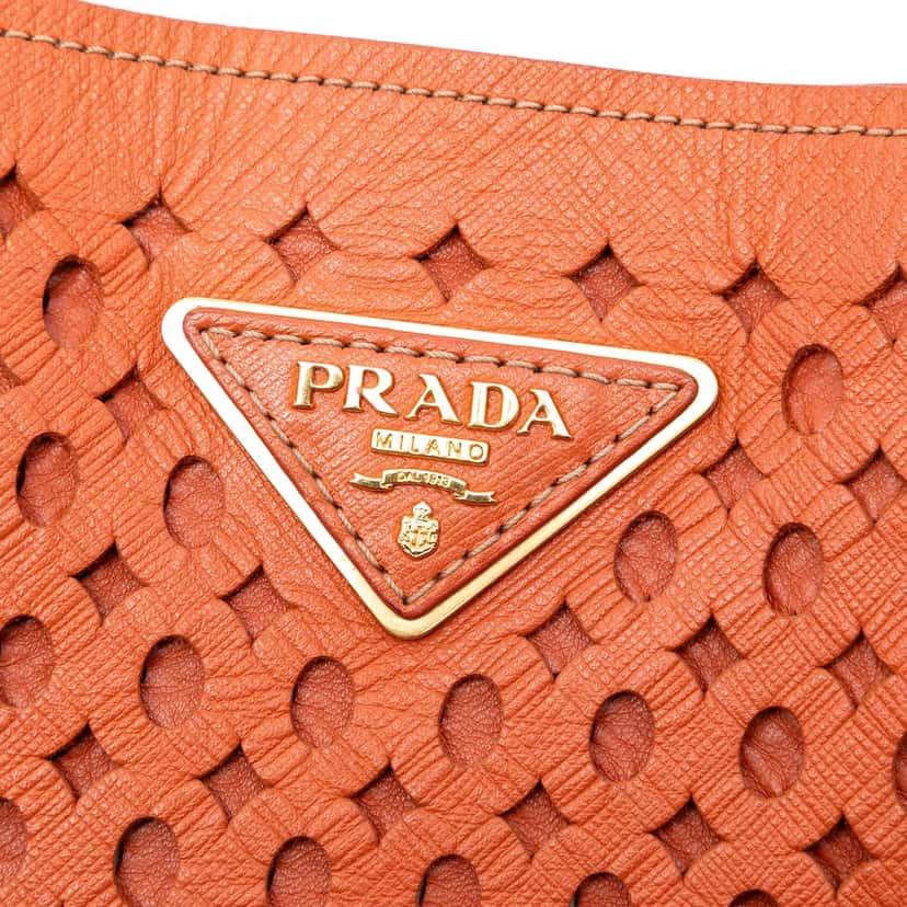 Prada Perforated Saffiano Fori Shopping Tote Orange Leather Very good condition - Box View