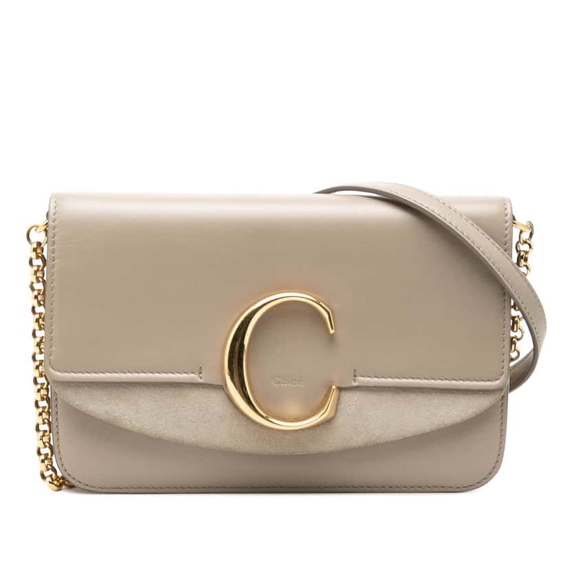 Chloé Calfskin and Suede C Clutch With Chain Brown Leather Very good condition - Front View