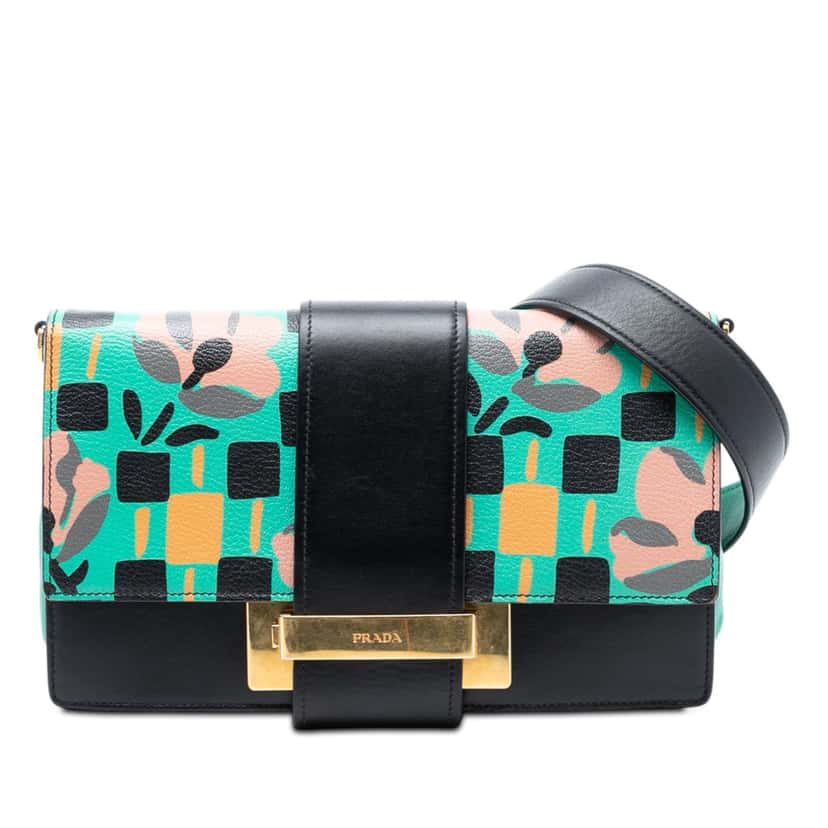Prada Floral Printed Leather Plex Ribbon Crossbody Black Leather Very good condition - Front View