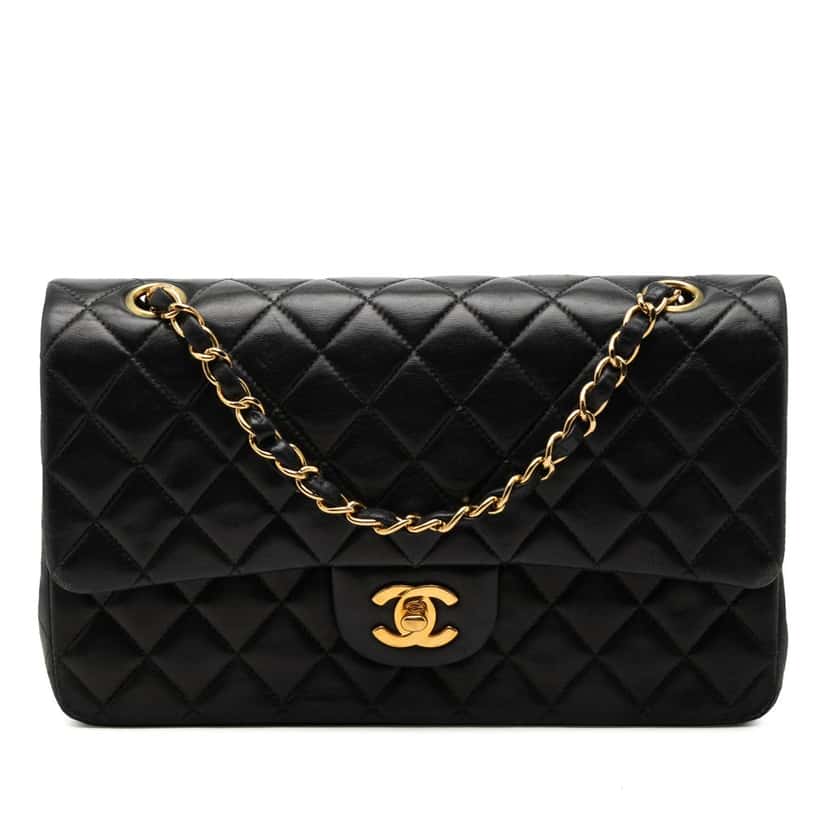 Chanel Medium Classic Lambskin Double Flap Black Leather Very good condition - Front View