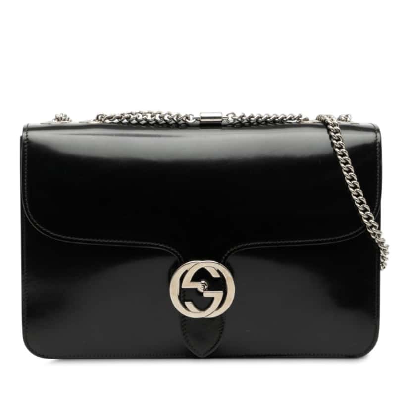 Gucci Medium Patent Dollar Interlocking G Crossbody Black Leather Very good condition - Front View