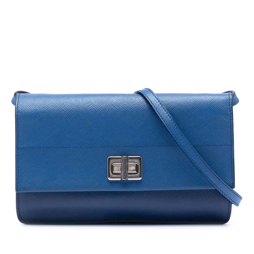 Prada Saffiano Turn Lock Wallet on Strap Blue Leather Very good condition - Front View