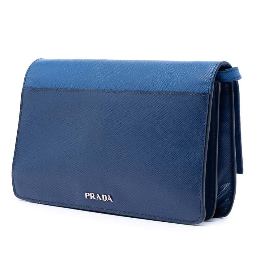 Prada Saffiano Turn Lock Wallet on Strap Blue Leather Very good condition - Back View
