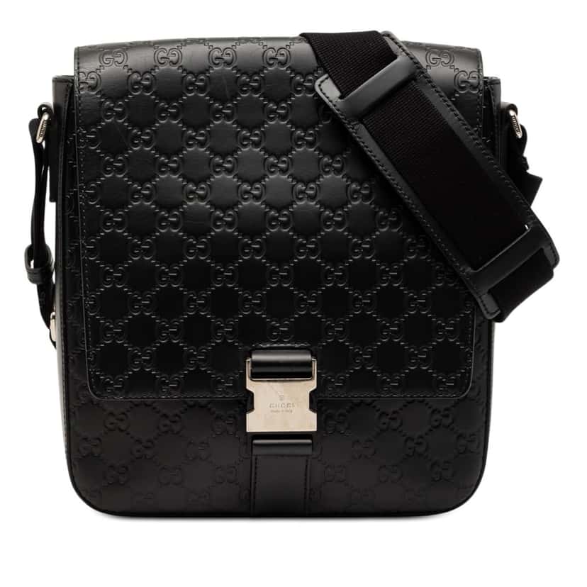 Gucci Guccissima Flap Messenger Bag Black Leather Very good condition - Front View