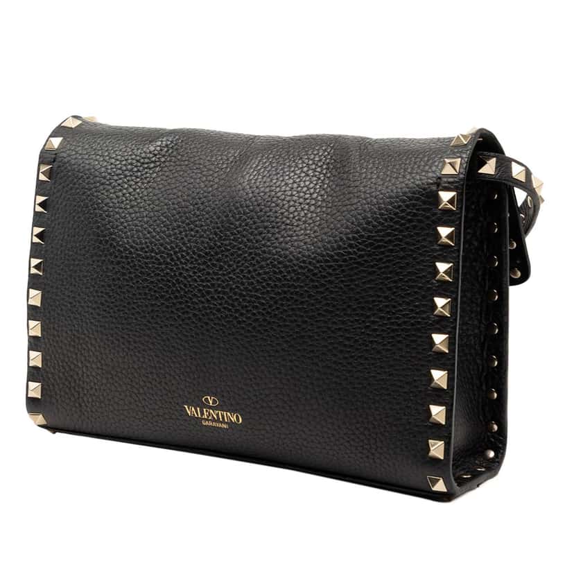 Valentino Small Grainy Calfskin Rockstud Flap Crossbody Black Leather Very good condition - Back View