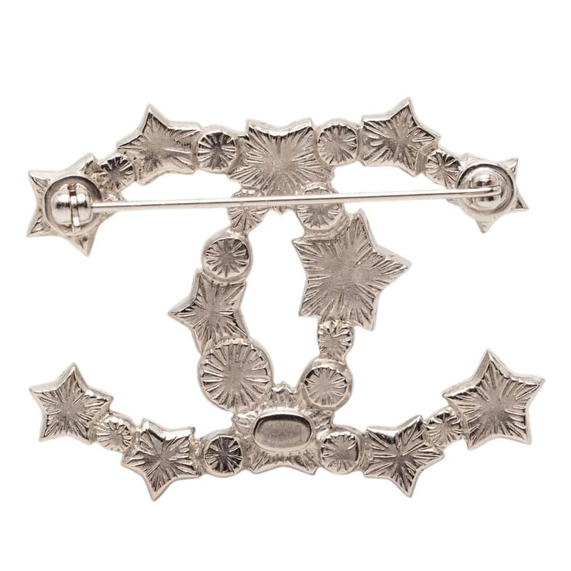 Chanel CC Silver Plated Resin and Faux Pearl Star Brooch Silver Metal Very good condition - Back View