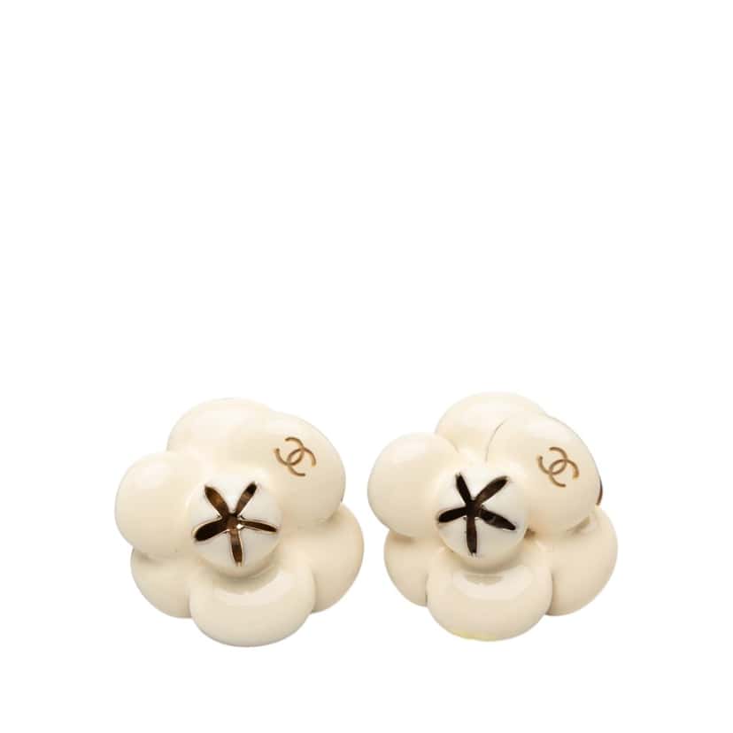 Chanel CC Gold Plated Enamel Camellia Clip On Earrings White Very good condition - Front View