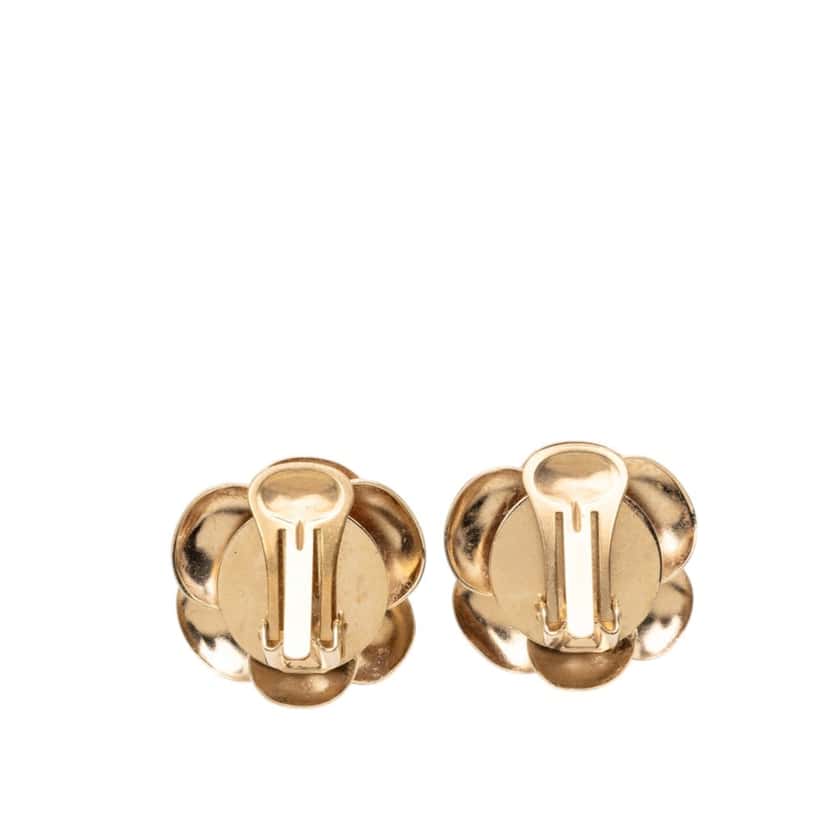 Chanel CC Gold Plated Enamel Camellia Clip On Earrings White Very good condition - Back View