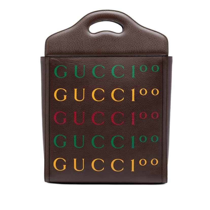 Gucci 100th Anniversary Textured Calfskin Logo Convertible Tote Brown Leather Very good condition - Front View