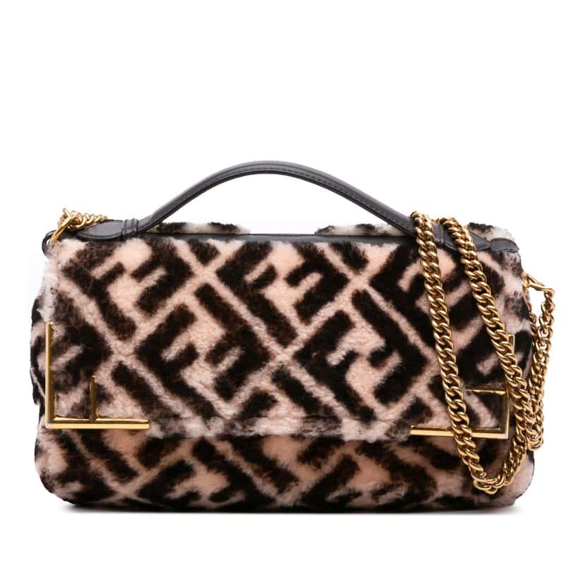 Fendi Zucca Shearling Double F Baguette Satchel Beige Very good condition - Front View