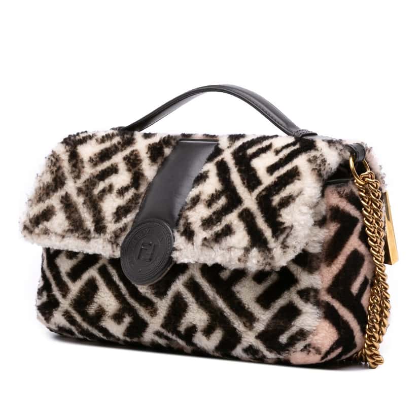 Fendi Zucca Shearling Double F Baguette Satchel Beige Very good condition - Back View