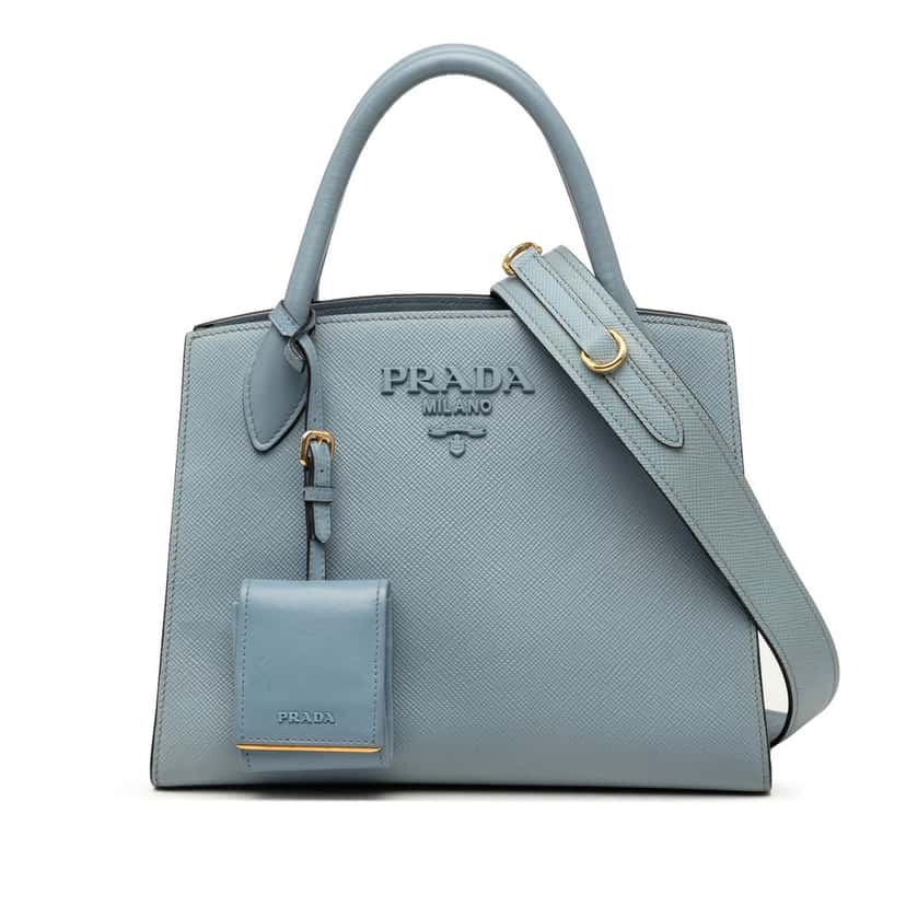 Prada Small Saffiano Cuir Monochrome Top Handle Tote Blue Leather Very good condition - Front View