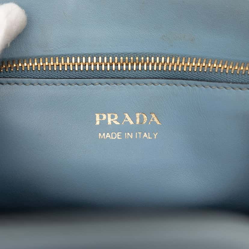 Prada Small Saffiano Cuir Monochrome Top Handle Tote Blue Leather Very good condition - Box View