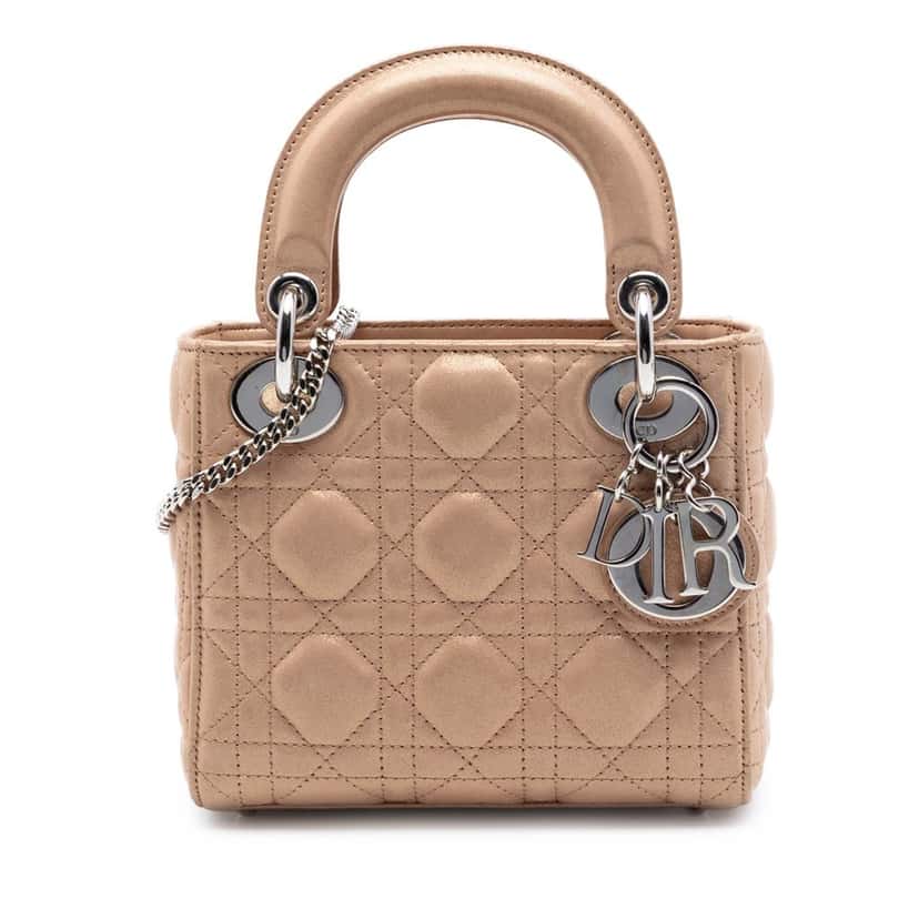 Dior Mini Iridescent Lambskin Cannage Lady Dior Beige Leather Very good condition - Front View