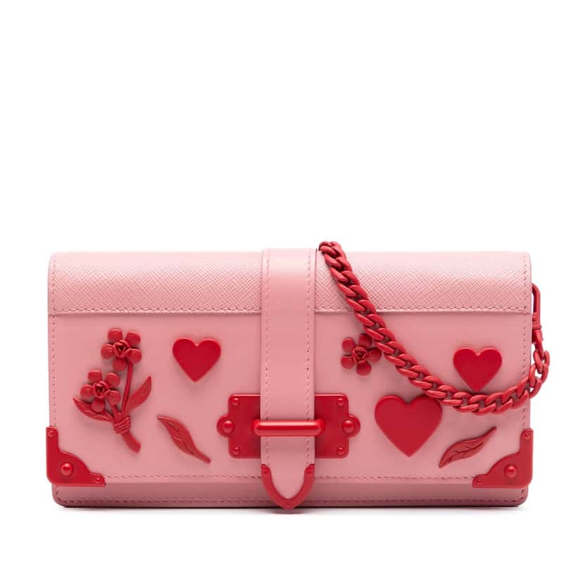 Prada Saffiano Trimmed City Calf Cahier Heart and Flower Wallet on Chain Pink Leather Very good condition - Front View