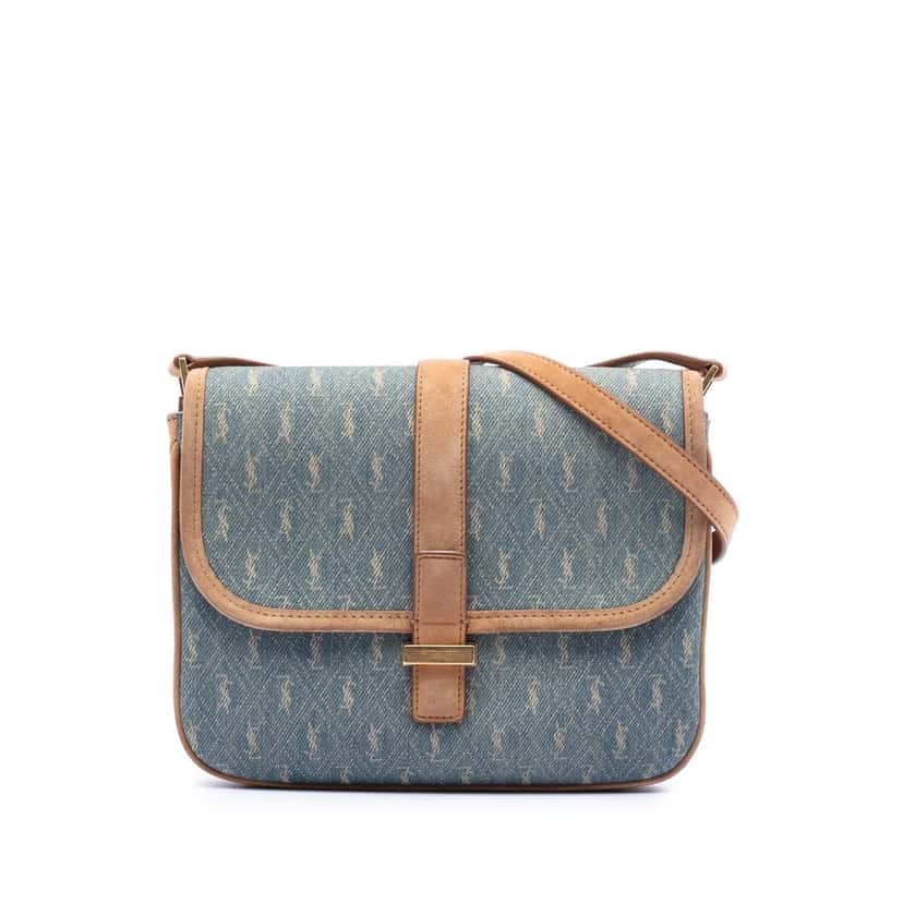 Saint Laurent Suede Trimmed Denim Monogram Allover Crossbody Blue Very good condition - Front View