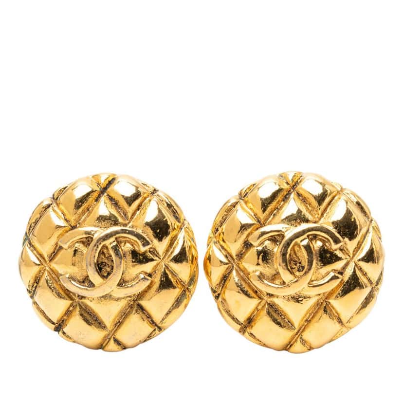 Chanel Gold Plated CC Quilted Round Clip On Earrings Gold Metal Very good condition - Front View