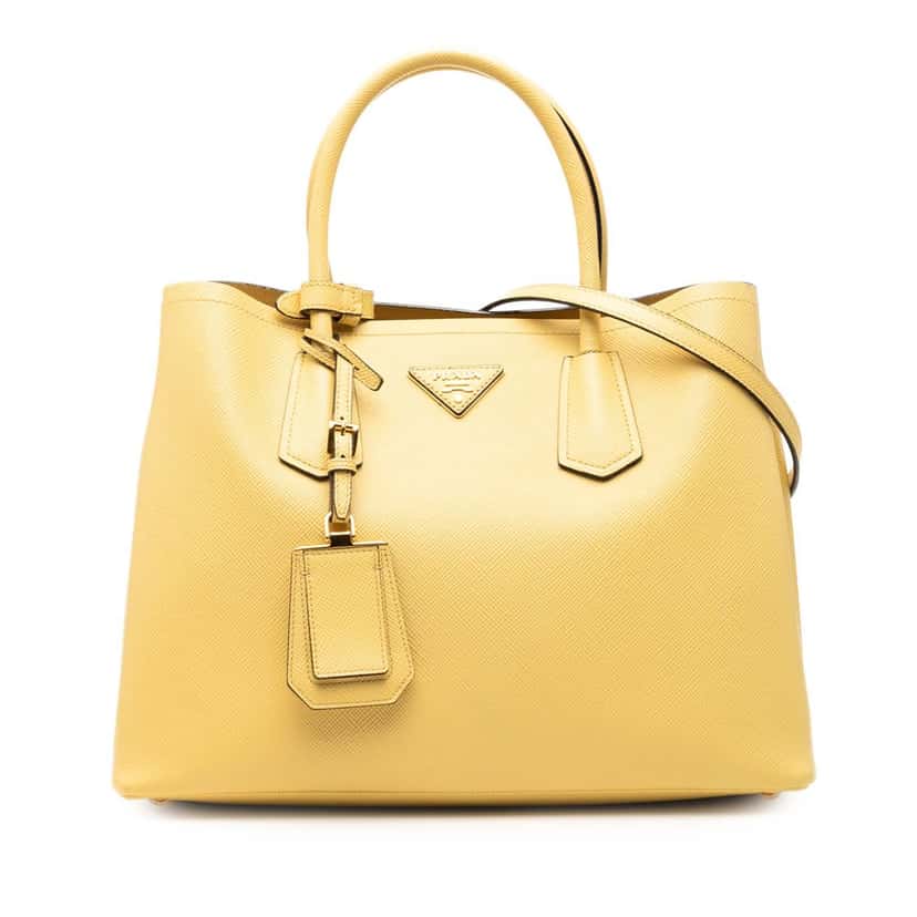 Prada Medium Saffiano Cuir Double Satchel Yellow Leather Very good condition - Front View