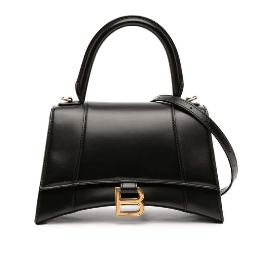 Balenciaga Small Shiny Box Calfskin Hourglass Top Handle Bag Black Leather Very good condition - Front View