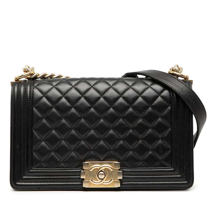 Chanel Medium Quilted Lambskin Boy Flap Black Leather Very good condition - Front View
