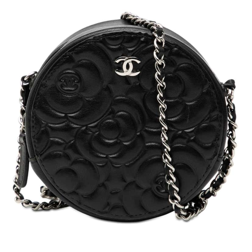 Chanel Goatskin Camellia Round Clutch with Chain Black Leather Very good condition - Front View