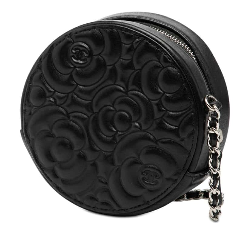 Chanel Goatskin Camellia Round Clutch with Chain Black Leather Very good condition - Back View