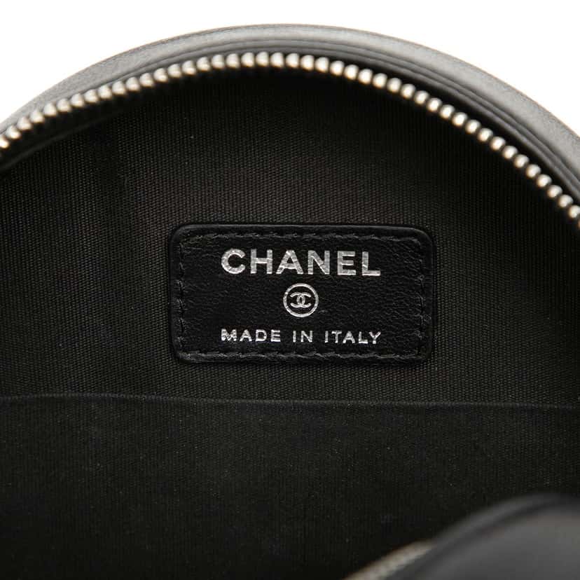 Chanel Goatskin Camellia Round Clutch with Chain Black Leather Very good condition - Box View
