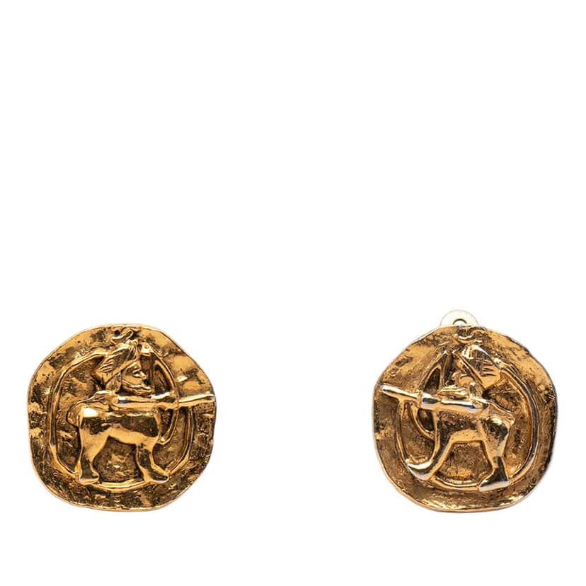 Chanel Gold Plated Archer Medallion Clip On Earrings Gold Metal Very good condition - Front View
