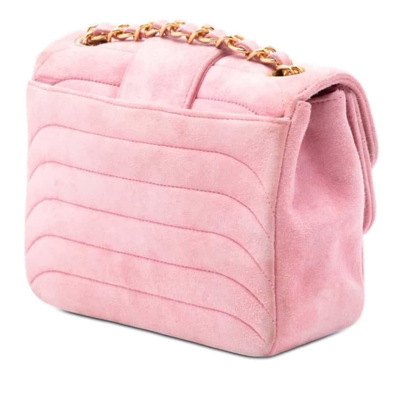 Chanel Mini Square CC Horizontal Quilted Suede Double Flap Pink Leather Very good condition - Back View