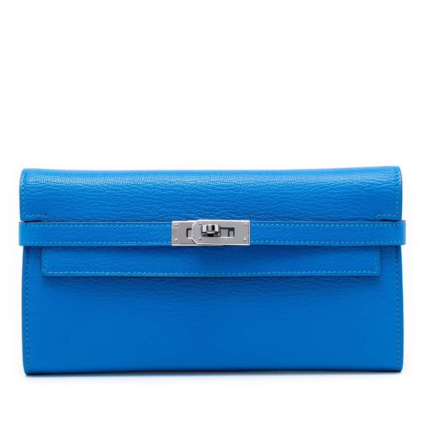 Hermès Chevre Mysore Kelly Longue Wallet Blue Leather Very good condition - Front View