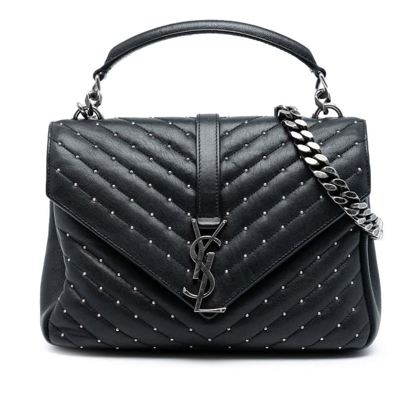 Saint Laurent Medium Quilted Chevron Studded Sheepskin College Satchel Black Leather Very good condition - Front View