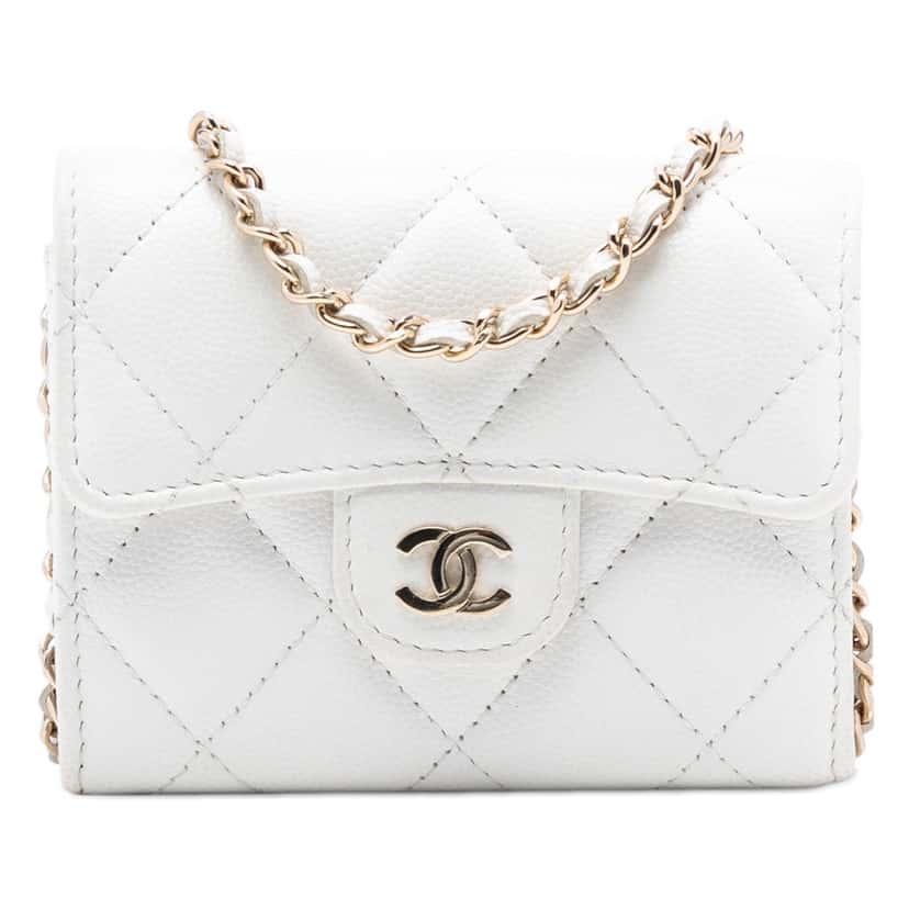 Chanel CC Quilted Caviar Flap Card Holder with Chain White Leather Very good condition - Front View