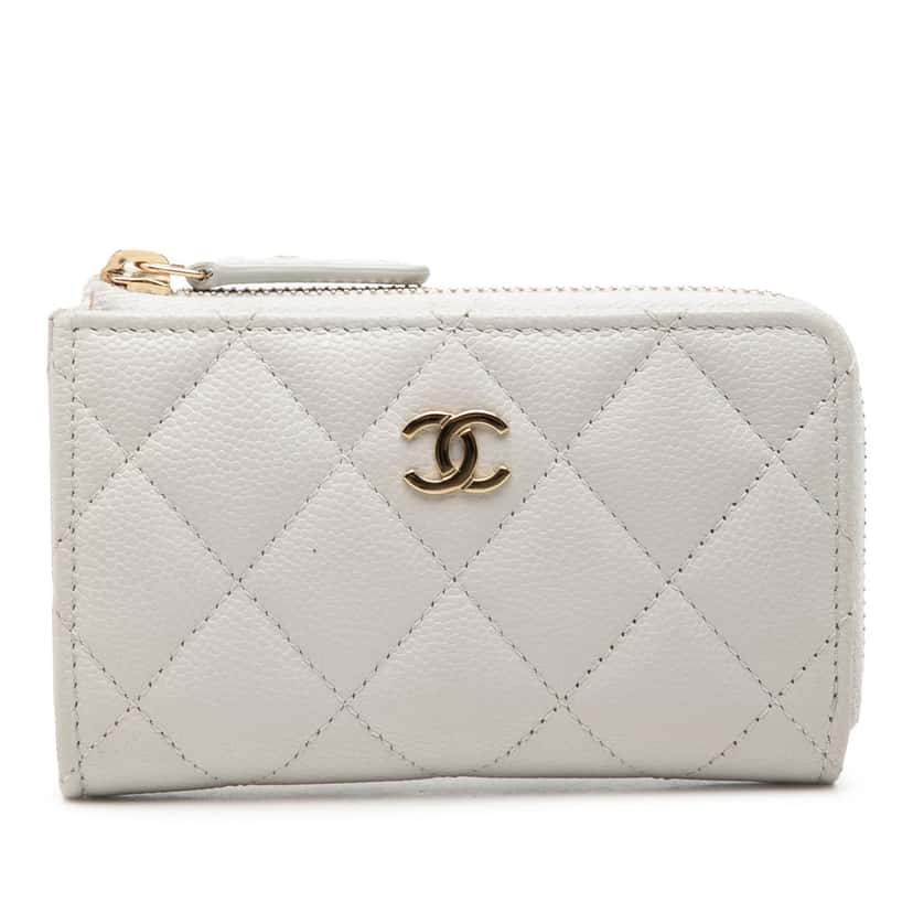 Chanel CC Quilted Caviar Zip Around Card Holder White Leather Very good condition - Front View